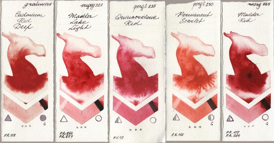 M. Graham & Co. Artists 045 Cadmium Red Deep, Royal Talens Van Gogh Watercolour 327 Madder Lake Light, Golden QOR 235 Quinacridone Red, 230 Permanent Scarlet, Rosa Gallery 725 Madder R watercolor swatch
