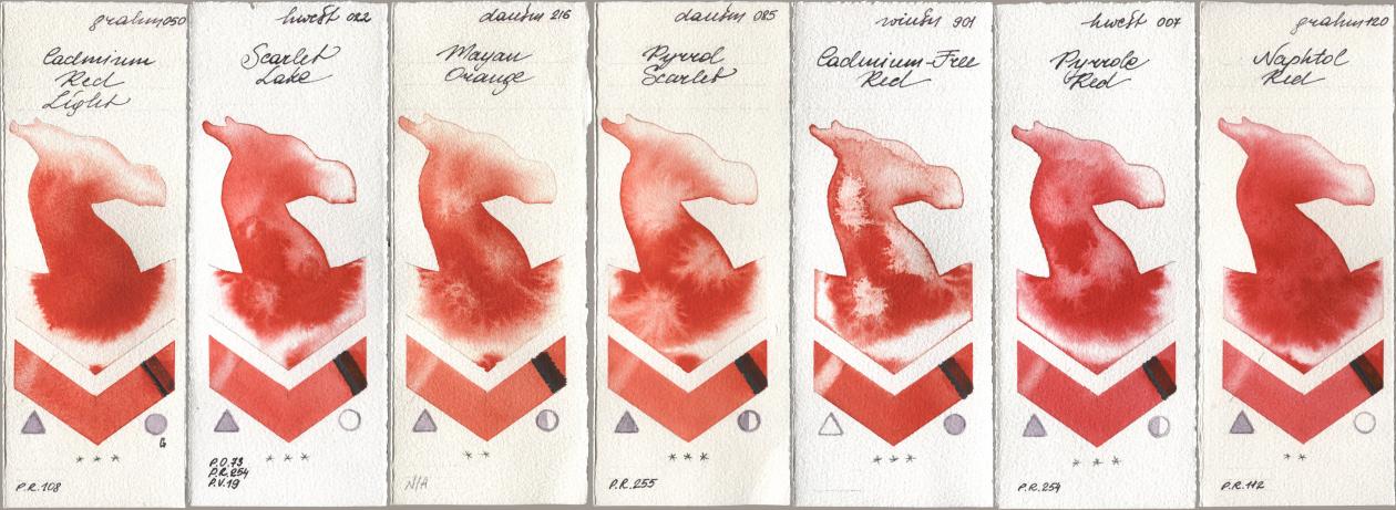 M. Graham & Co. Artists 050 Cadmium Red Light, Holbein Artists Watercolor 022 Scarlet Lake, Daniel Smith 216 Mayan Orange, 085 Pyrrol Scarlet, Winsor & Newton Professional 901 Cadmium-Free Red, 007 Pyrrole Red, 120 Naphthol R watercolor swatch