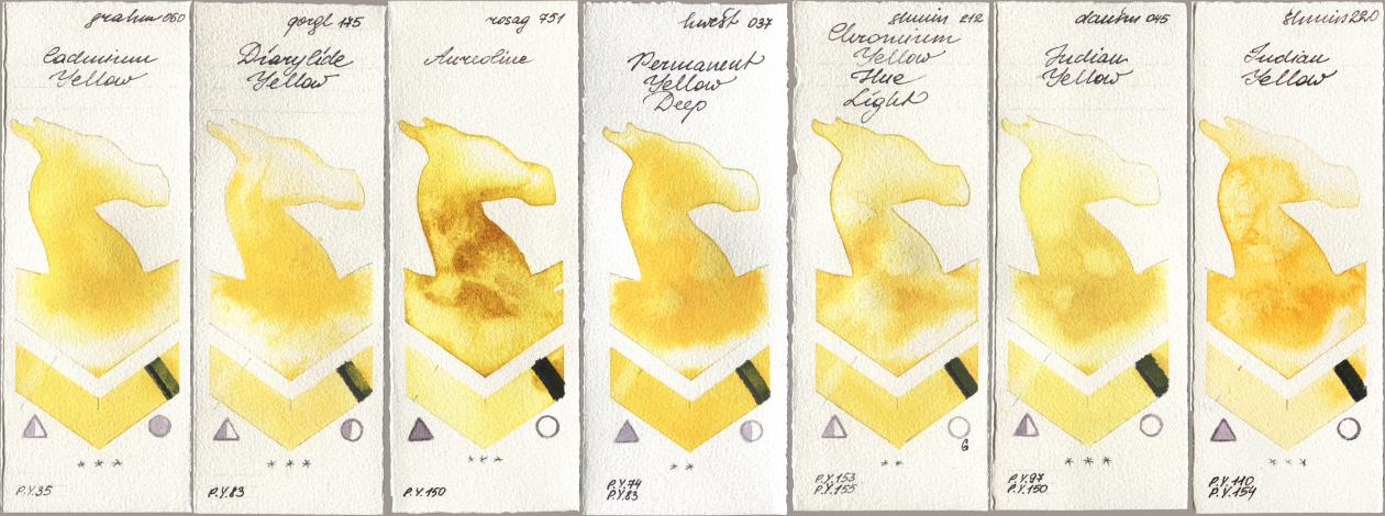 M. Graham & Co. Artists 060 Cadmium Yellow, Golden QOR 175 Diarylide Yellow, Rosa Gallery 751 Aureoline, Holbein Artists Watercolor 037 Permanent Yellow Deep, Shminke Horadam Aquarell 212 Chromium Yellow Hue Light, Daniel Smith 045 Indian Yellow, 220 Indian Yell watercolor swatch