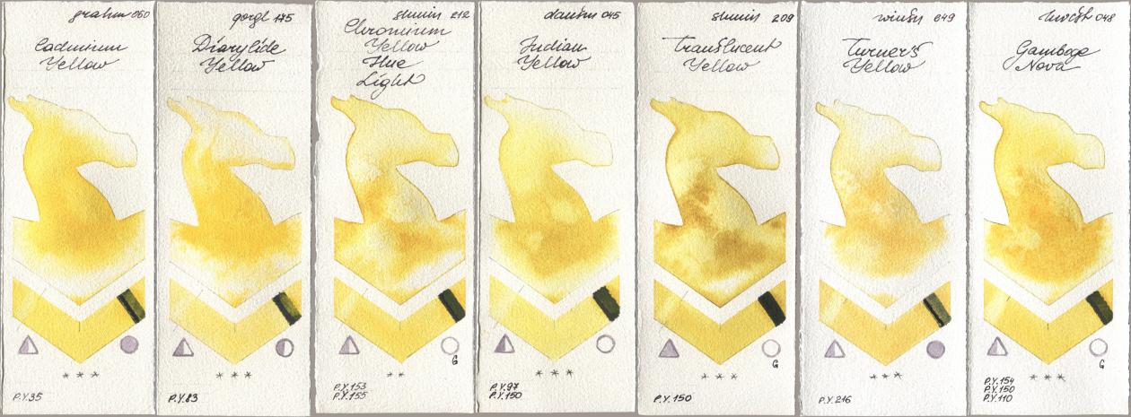 M. Graham & Co. Artists 060 Cadmium Yellow, Golden QOR 175 Diarylide Yellow, Shminke Horadam Aquarell 212 Chromium Yellow Hue Light, Daniel Smith 045 Indian Yellow, 209 Translucent Yellow, Winsor & Newton Professional 649 Turners Yellow, Holbein Artists Watercolor 048 Gamboge No watercolor swatch