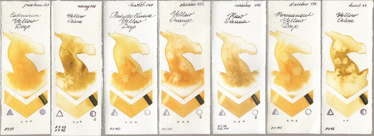 M. Graham & Co. Artists 063 Cadmium Yellow Deep, Rosa Gallery 719 Yellow Ochre, Holbein Artists Watercolor 049 Isoindolinone Yellow Deep, Shminke Horadam Aquarell 222 Yellow Orange, Winsor & Newton Professional 552 Raw Sienna, Daniel Smith 133 Permanent Yellow Deep, Kuretake Gansai Tambi 044 Yellow Och watercolor swatch