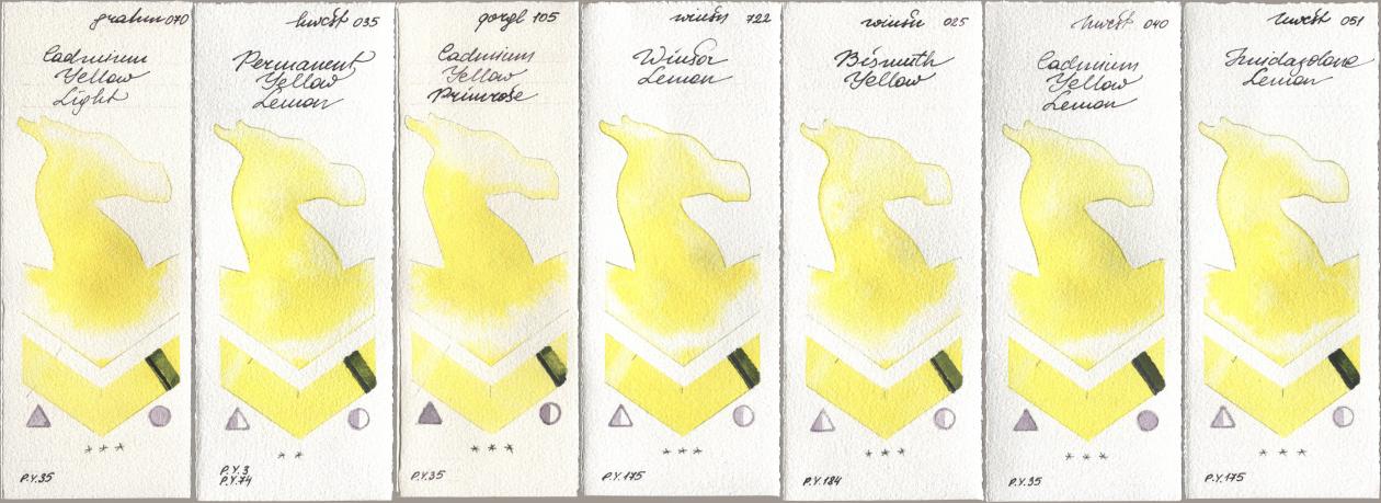 M. Graham & Co. Artists 070 Cadmium Yellow Light, Holbein Artists Watercolor 035 Permanent Yellow Lemon, Golden QOR 105 Cadmium Yellow Primrose, Winsor & Newton Professional 722 Winsor Lemon, 025 Bismuth Yellow, 040 Cadmium Yellow Lemon, 051 Imidazolone Lem watercolor swatch