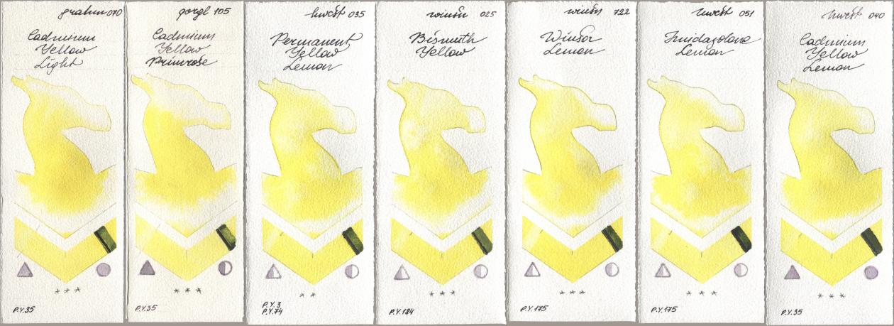 M. Graham & Co. Artists 070 Cadmium Yellow Light, Golden QOR 105 Cadmium Yellow Primrose, Holbein Artists Watercolor 035 Permanent Yellow Lemon, Winsor & Newton Professional 025 Bismuth Yellow, 722 Winsor Lemon, 051 Imidazolone Lemon, 040 Cadmium Yellow Lem watercolor swatch