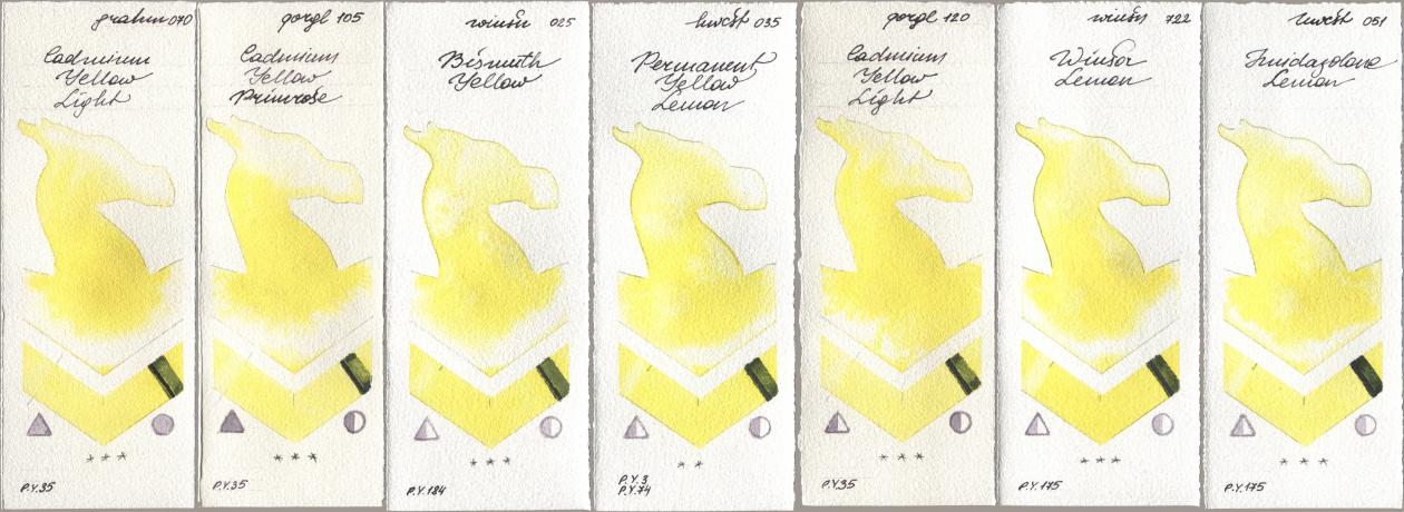 M. Graham & Co. Artists 070 Cadmium Yellow Light, Golden QOR 105 Cadmium Yellow Primrose, Winsor & Newton Professional 025 Bismuth Yellow, Holbein Artists Watercolor 035 Permanent Yellow Lemon, 120 Cadmium Yellow Light, 722 Winsor Lemon, 051 Imidazolone Lem watercolor swatch