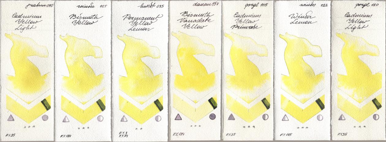 M. Graham & Co. Artists 070 Cadmium Yellow Light, Winsor & Newton Professional 025 Bismuth Yellow, Holbein Artists Watercolor 035 Permanent Yellow Lemon, Daniel Smith 154 Bismuth Vanadate Yellow, Golden QOR 105 Cadmium Yellow Primrose, 722 Winsor Lemon, 120 Cadmium Yellow Lig watercolor swatch