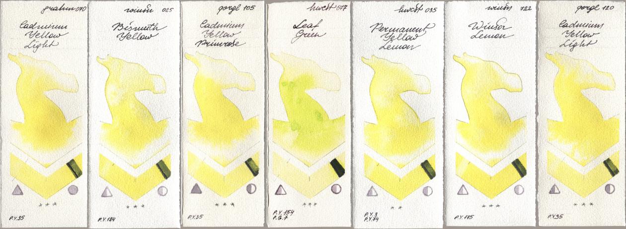 M. Graham & Co. Artists 070 Cadmium Yellow Light, Winsor & Newton Professional 025 Bismuth Yellow, Golden QOR 105 Cadmium Yellow Primrose, Holbein Artists Watercolor 077 Leaf Green, 035 Permanent Yellow Lemon, 722 Winsor Lemon, 120 Cadmium Yellow Lig watercolor swatch