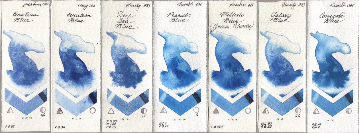 M. Graham & Co. Artists 080 Cerulean Blue, Rosa Gallery 752 Cerulean Blue, Shminke Horadam Aquarell 953 Deep Sea Blue, Holbein Artists Watercolor 101 Peacock Blue, Daniel Smith 077 Phthalo Blue (Green Shade), 973 Galaxy Blue, 096 Compose Bl watercolor swatch
