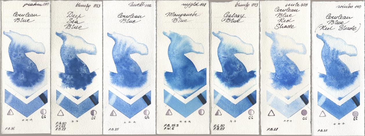 M. Graham & Co. Artists 080 Cerulean Blue, Shminke Horadam Aquarell 953 Deep Sea Blue, Holbein Artists Watercolor 092 Cerulean Blue, Mijello Mission Gold 548 Manganese Blue, 973 Galaxy Blue, Sennelier l Aquarelle 305 Cerulean Blue Red Shade, Winsor & Newton Professional 140 Cerulean Blue (Red Shad watercolor swatch