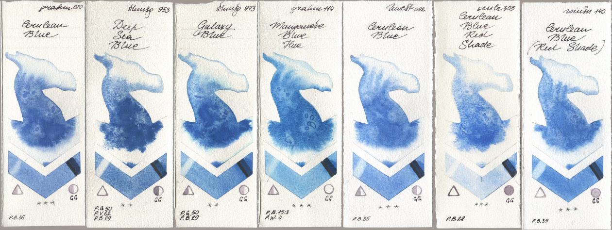 M. Graham & Co. Artists 080 Cerulean Blue, Shminke Horadam Aquarell 953 Deep Sea Blue, 973 Galaxy Blue, 114 Manganese Blue Hue, Holbein Artists Watercolor 092 Cerulean Blue, Sennelier l Aquarelle 305 Cerulean Blue Red Shade, Winsor & Newton Professional 140 Cerulean Blue (Red Shad watercolor swatch