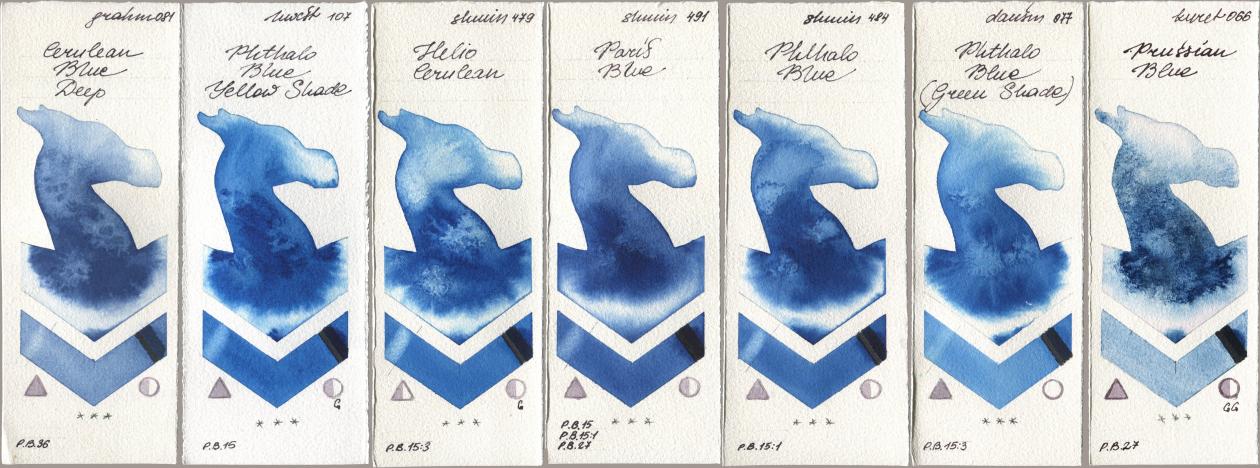 M. Graham & Co. Artists 081 Cerulean Blue Deep, Holbein Artists Watercolor 107 Phthalo Blue Yellow Shade, Shminke Horadam Aquarell 479 Helio Cerulean, 491 Paris Blue, 484 Phthalo Blue, Daniel Smith 077 Phthalo Blue (Green Shade), Kuretake Gansai Tambi 066 Prussian Bl watercolor swatch