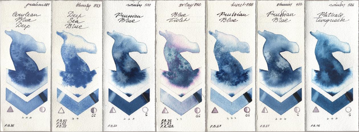 M. Graham & Co. Artists 081 Cerulean Blue Deep, Shminke Horadam Aquarell 953 Deep Sea Blue, Winsor & Newton Professional 538 Prussian Blue, SuperVision 742 Blue Violet, Kuretake Gansai Tambi 066 Prussian Blue, 492 Prussian Blue, 526 Phthalo Turquoi watercolor swatch