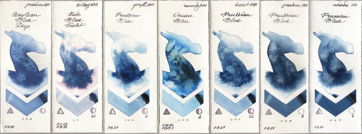 M. Graham & Co. Artists 081 Cerulean Blue Deep, SuperVision 736 Rose Blue Violet, Golden QOR 340 Prussian Blue, Roman Szmal Aquarius 344 Ocean Blue, Kuretake Gansai Tambi 066 Prussian Blue, 153 Prussian Blue, Winsor & Newton Professional 538 Prussian Bl watercolor swatch