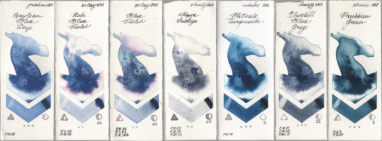 M. Graham & Co. Artists 081 Cerulean Blue Deep, SuperVision 736 Rose Blue Violet, 742 Blue Violet, Shminke Horadam Aquarell 968 Haze Indigo, Winsor & Newton Professional 526 Phthalo Turquoise, Holbein Artists Watercolor 564 Shoebill Blue Grey, 528 Prussian Gre watercolor swatch