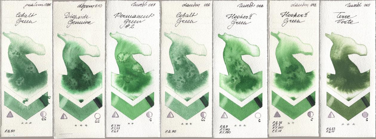 M. Graham & Co. Artists 095 Cobalt Green, Daniel Smith 210 Diopside Genuine, Holbein Artists Watercolor 067 Permanent Green No 2, 026 Cobalt Green, 062 Hookers Green, 042 Hookers Green, 065 Terre Ver watercolor swatch