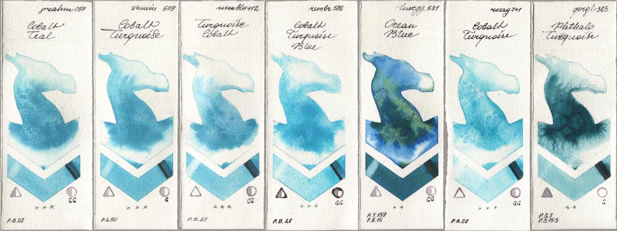 M. Graham & Co. Artists 097 Cobalt Teal, Shminke Horadam Aquarell 509 Cobalt Turquoise, Maimeri Blu 412 Turquoise Cobalt, Royal Talens Rembrandt Watercolour 586 Cobalt Turquoise Blue, Holbein Artists Watercolor 531 Ocean Blue, Rosa Gallery 741 Cobalt Turquoise, Golden QOR 365 Phthalo Turquoi watercolor swatch