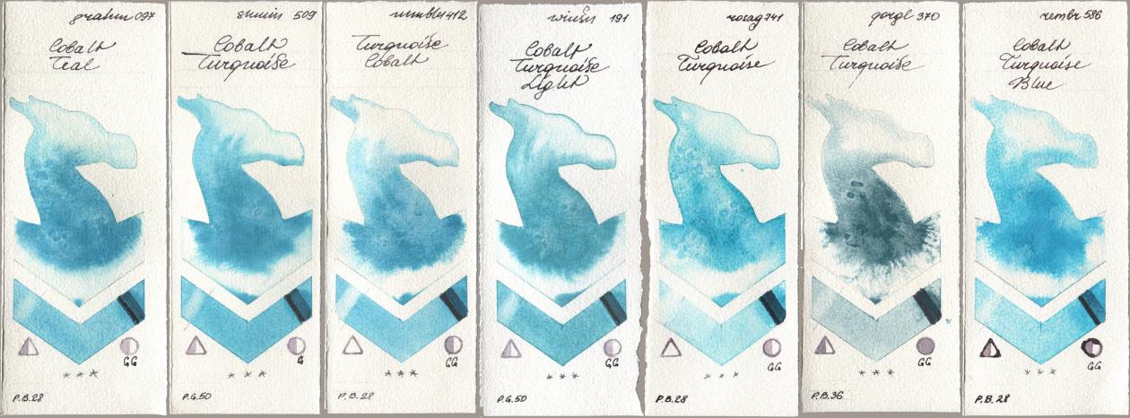 M. Graham & Co. Artists 097 Cobalt Teal, Shminke Horadam Aquarell 509 Cobalt Turquoise, Maimeri Blu 412 Turquoise Cobalt, Winsor & Newton Professional 191 Cobalt Turquoise Light, Rosa Gallery 741 Cobalt Turquoise, Golden QOR 370 Cobalt Turquoise, Royal Talens Rembrandt Watercolour 586 Cobalt Turquoise Bl watercolor swatch
