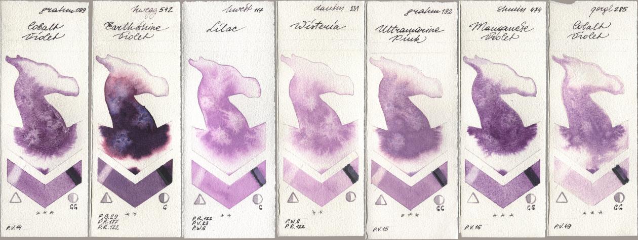 M. Graham & Co. Artists 099 Cobalt Violet, Holbein Artists Watercolor 542 Earthshine Violet, 117 Lilac, Daniel Smith 231 Wisteria, 192 Ultramarine Pink, Shminke Horadam Aquarell 474 Manganese Violet, Golden QOR 285 Cobalt Viol watercolor swatch