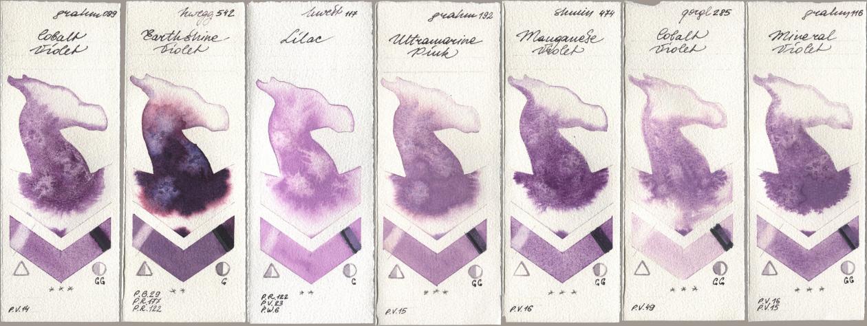 M. Graham & Co. Artists 099 Cobalt Violet, Holbein Artists Watercolor 542 Earthshine Violet, 117 Lilac, 192 Ultramarine Pink, Shminke Horadam Aquarell 474 Manganese Violet, Golden QOR 285 Cobalt Violet, 116 Mineral Viol watercolor swatch