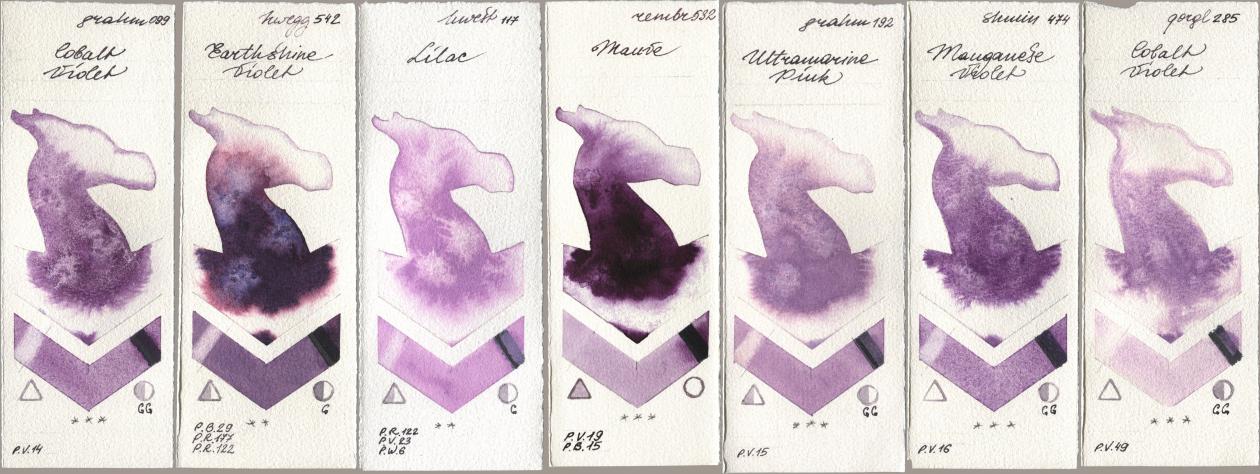 M. Graham & Co. Artists 099 Cobalt Violet, Holbein Artists Watercolor 542 Earthshine Violet, 117 Lilac, Royal Talens Rembrandt Watercolour 532 Mauve, 192 Ultramarine Pink, Shminke Horadam Aquarell 474 Manganese Violet, Golden QOR 285 Cobalt Viol watercolor swatch