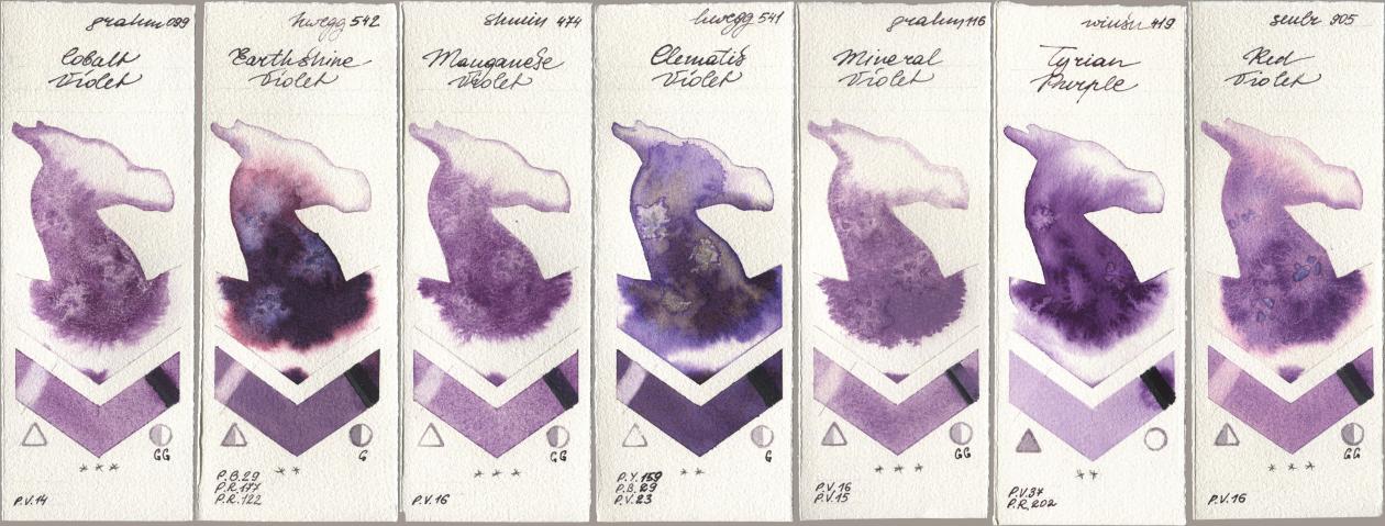 M. Graham & Co. Artists 099 Cobalt Violet, Holbein Artists Watercolor 542 Earthshine Violet, Shminke Horadam Aquarell 474 Manganese Violet, 541 Clematis Violet, 116 Mineral Violet, Winsor & Newton Professional 419 Tyrian Purple, Sennelier l Aquarelle 905 Red Viol watercolor swatch