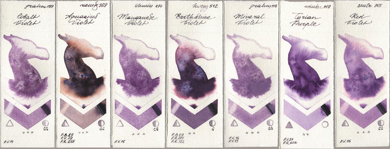 M. Graham & Co. Artists 099 Cobalt Violet, Roman Szmal Aquarius 369 Aquarius Violet, Shminke Horadam Aquarell 474 Manganese Violet, Holbein Artists Watercolor 542 Earthshine Violet, 116 Mineral Violet, Winsor & Newton Professional 419 Tyrian Purple, Sennelier l Aquarelle 905 Red Viol watercolor swatch