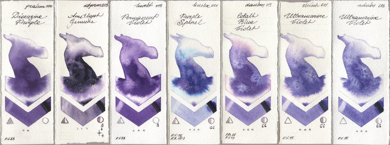M. Graham & Co. Artists 100 Dioxazine Purple, Daniel Smith 203 Amethyst Genuine, Holbein Artists Watercolor 115 Permanent Violet, Kusakabe 001 Purple Spinel, 115 Cobalt Blue Violet, Shinhan PWC 641 Ultramarine Violet, Winsor & Newton Professional 672 Ultramarine Viol watercolor swatch