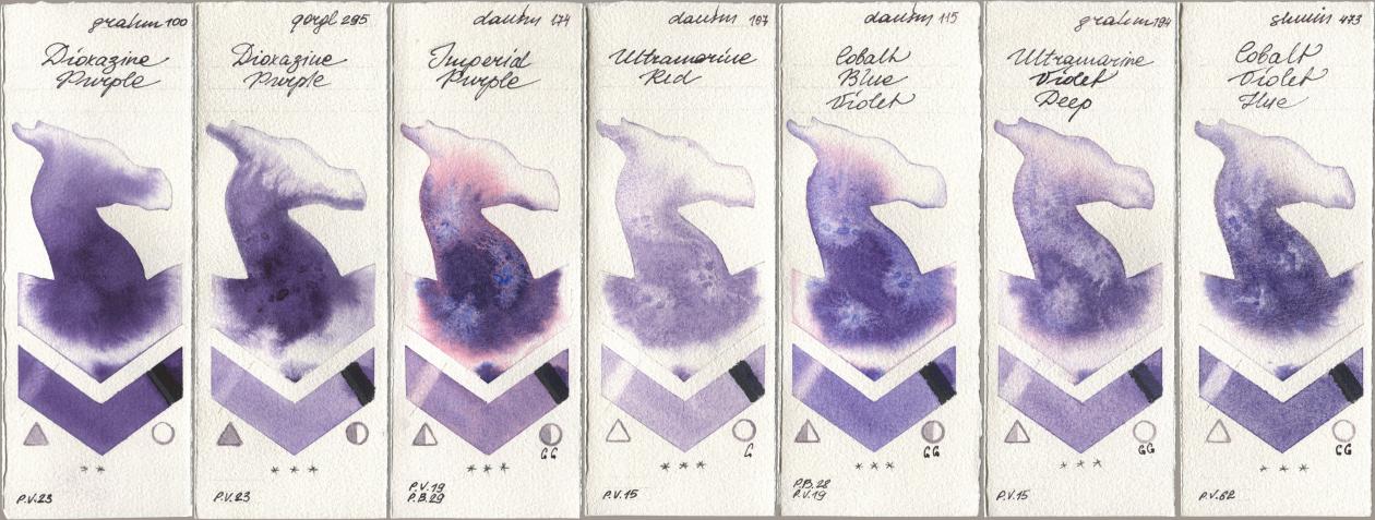 M. Graham & Co. Artists 100 Dioxazine Purple, Golden QOR 295 Dioxazine Purple, Daniel Smith 174 Imperial Purple, 107 Ultramarine Red, 115 Cobalt Blue Violet, 194 Ultramarine Violet Deep, Shminke Horadam Aquarell 473 Cobalt Violet H watercolor swatch