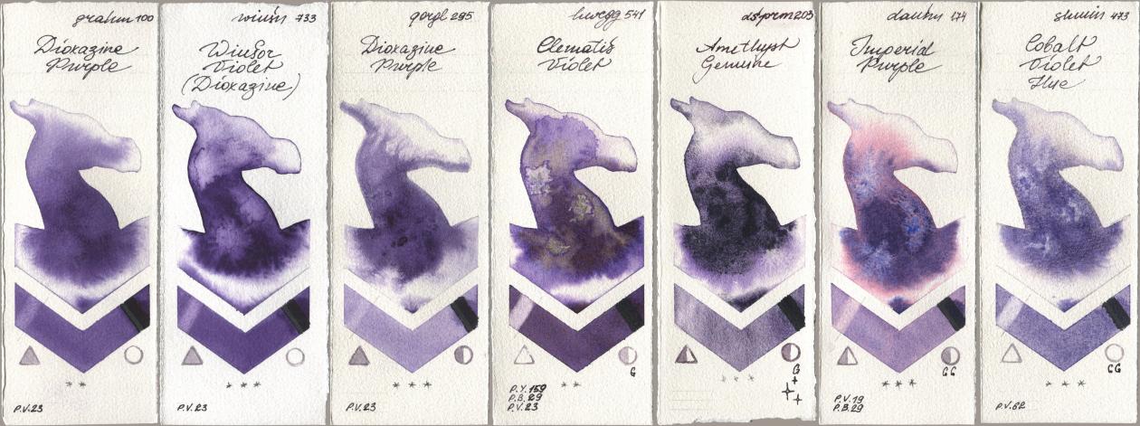 M. Graham & Co. Artists 100 Dioxazine Purple, Winsor & Newton Professional 733 Winsor Violet (Dioxazine), Golden QOR 295 Dioxazine Purple, Holbein Artists Watercolor 541 Clematis Violet, Daniel Smith 203 Amethyst Genuine, 174 Imperial Purple, Shminke Horadam Aquarell 473 Cobalt Violet H watercolor swatch