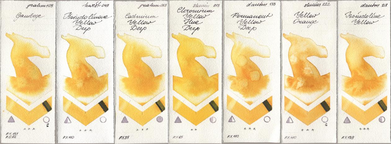 M. Graham & Co. Artists 105 Gamboge, Holbein Artists Watercolor 049 Isoindolinone Yellow Deep, 063 Cadmium Yellow Deep, Shminke Horadam Aquarell 213 Chrome Yellow Deep LF (Chromium Yellow Hue Deep), Daniel Smith 133 Permanent Yellow Deep, 222 Yellow Orange, 218 Isoindoline Yell watercolor swatch