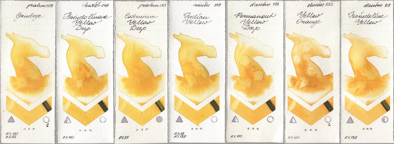 M. Graham & Co. Artists 105 Gamboge, Holbein Artists Watercolor 049 Isoindolinone Yellow Deep, 063 Cadmium Yellow Deep, Winsor & Newton Professional 319 Indian Yellow, Daniel Smith 133 Permanent Yellow Deep, Shminke Horadam Aquarell 222 Yellow Orange, 218 Isoindoline Yell watercolor swatch