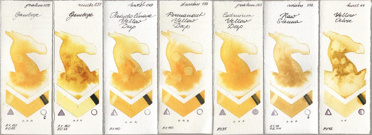 M. Graham & Co. Artists 105 Gamboge, Royal Talens Rembrandt Watercolour 238 Gamboge, Holbein Artists Watercolor 049 Isoindolinone Yellow Deep, Daniel Smith 133 Permanent Yellow Deep, 063 Cadmium Yellow Deep, Winsor & Newton Professional 552 Raw Sienna, Kuretake Gansai Tambi 044 Yellow Och watercolor swatch
