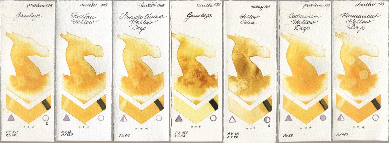 M. Graham & Co. Artists 105 Gamboge, Winsor & Newton Professional 319 Indian Yellow, Holbein Artists Watercolor 049 Isoindolinone Yellow Deep, Royal Talens Rembrandt Watercolour 238 Gamboge, Rosa Gallery 719 Yellow Ochre, 063 Cadmium Yellow Deep, Daniel Smith 133 Permanent Yellow De watercolor swatch