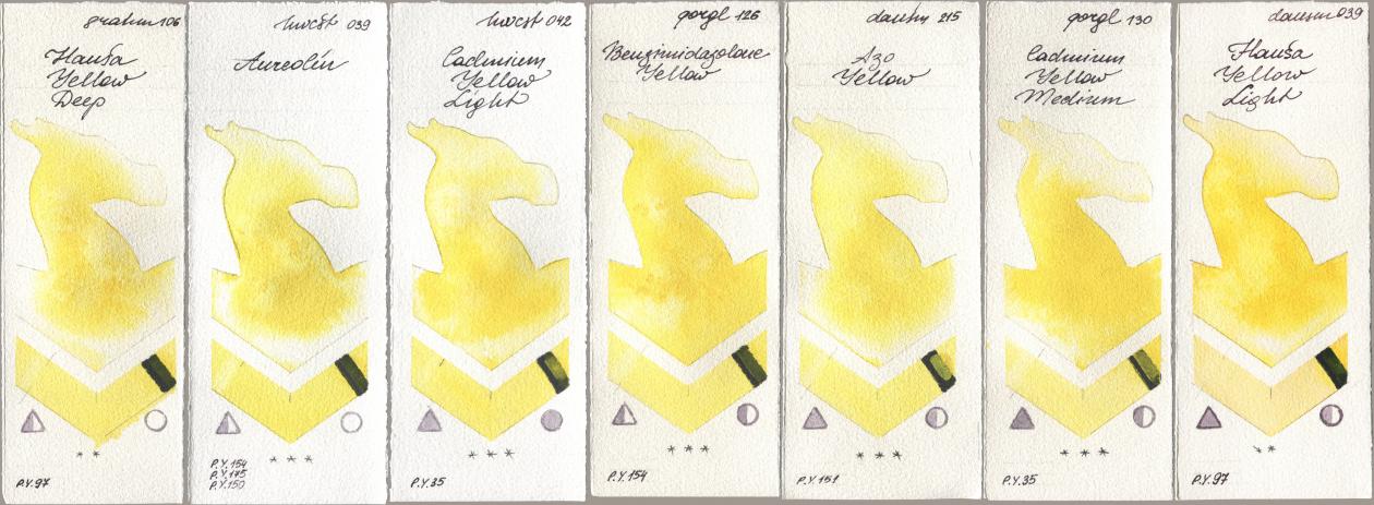 M. Graham & Co. Artists 106 Hansa Yellow Deep, Holbein Artists Watercolor 039 Aureolin, 042 Cadmium Yellow Light, Golden QOR 126 Benzimidazolone Yellow, Daniel Smith 215 Azo Yellow, 130 Cadmium Yellow Medium, 039 Hansa Yellow Lig watercolor swatch