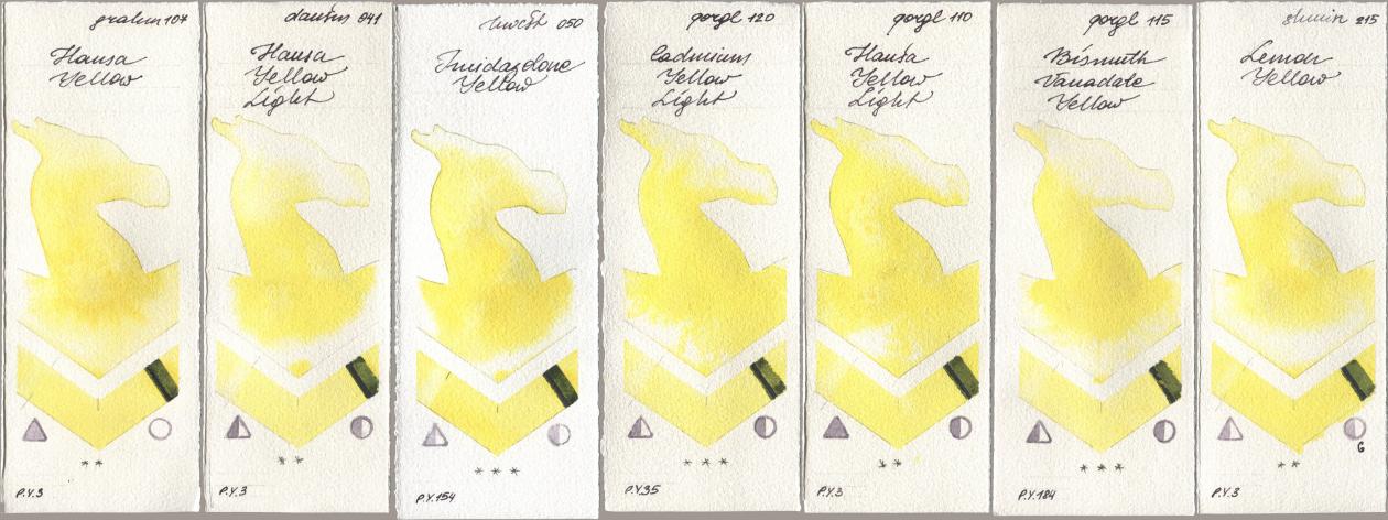 M. Graham & Co. Artists 107 Hansa Yellow, Daniel Smith 041 Hansa Yellow Light, Holbein Artists Watercolor 050 Imidazolone Yellow, Golden QOR 120 Cadmium Yellow Light, 110 Hansa Yellow Light, 115 Bismuth Vanadate Yellow, Shminke Horadam Aquarell 215 Lemon Yell watercolor swatch