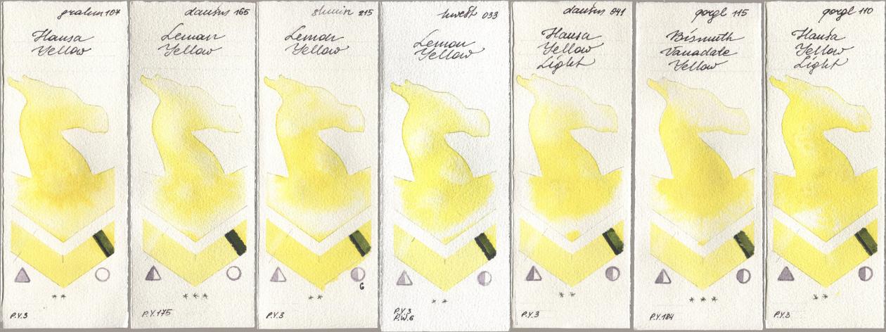 M. Graham & Co. Artists 107 Hansa Yellow, Daniel Smith 165 Lemon Yellow, Shminke Horadam Aquarell 215 Lemon Yellow, Holbein Artists Watercolor 033 Lemon Yellow, 041 Hansa Yellow Light, Golden QOR 115 Bismuth Vanadate Yellow, 110 Hansa Yellow Lig watercolor swatch
