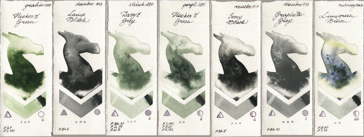 M. Graham & Co. Artists 108 Hookers Green, Daniel Smith 003 Lamp Black, Shinhan PWC 690 Davys Grey, Golden QOR 395 Hookers Green, Royal Talens Rembrandt Watercolour 701 Ivory Black, 038 Graphite Gray, Rockwell 143 Limugreen Bro watercolor swatch