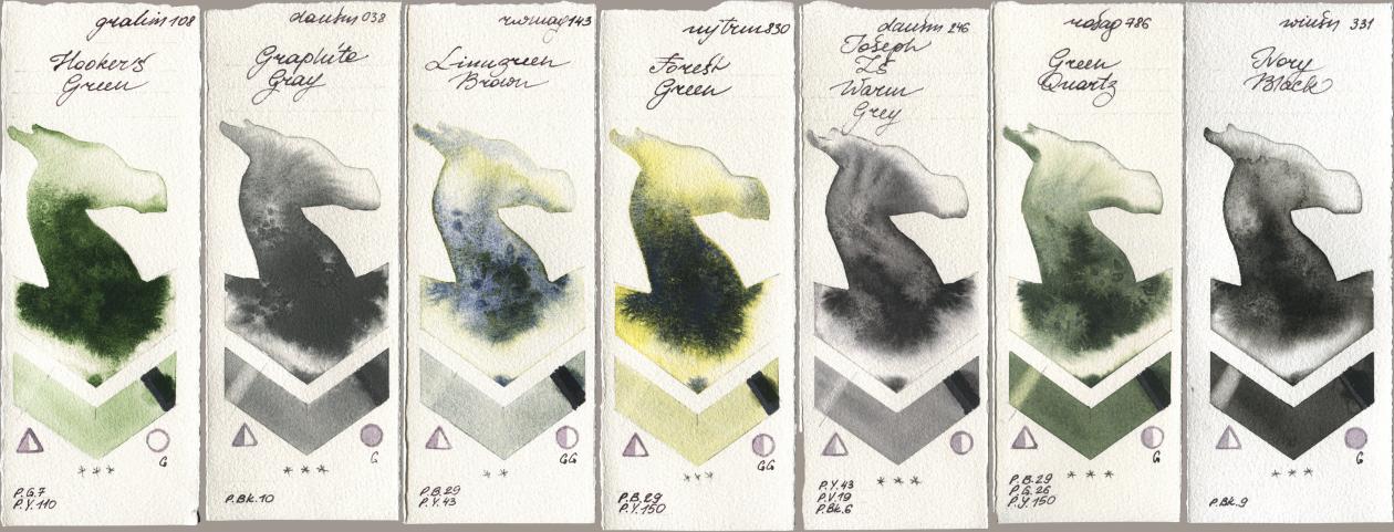 M. Graham & Co. Artists 108 Hookers Green, Daniel Smith 038 Graphite Gray, Rockwell 143 Limugreen Brown, Mijello Mission Gold 830 Forest Green, 246 Joseph Zs Warm Grey, Rosa Gallery 786 Green Quartz, Winsor & Newton Professional 331 Ivory Bla watercolor swatch