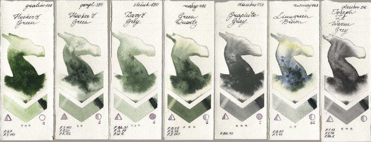 M. Graham & Co. Artists 108 Hookers Green, Golden QOR 395 Hookers Green, Shinhan PWC 690 Davys Grey, Rosa Gallery 786 Green Quartz, Daniel Smith 038 Graphite Gray, Rockwell 143 Limugreen Brown, 246 Joseph Zs Warm Gr watercolor swatch