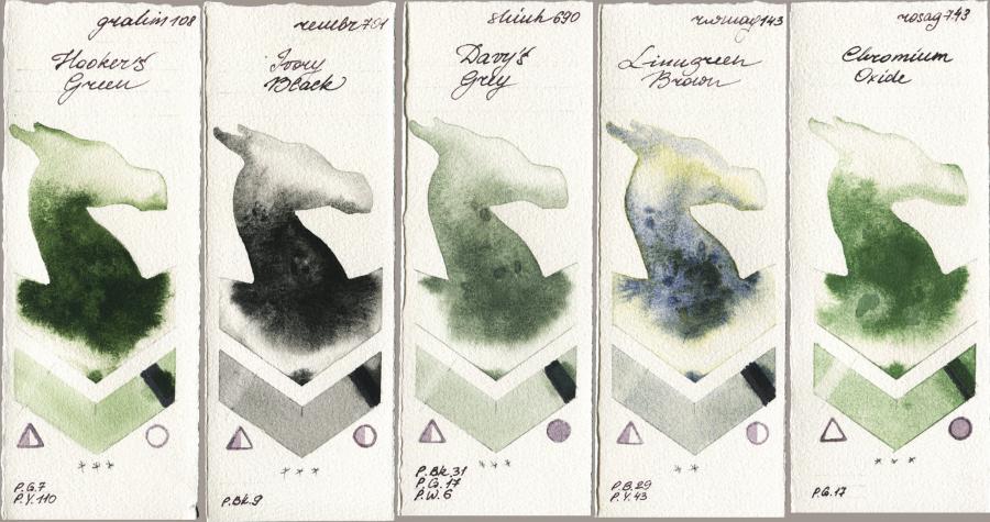 M. Graham & Co. Artists 108 Hookers Green vs Royal Talens Rembrandt Watercolour 701 Ivory Black vs Shinhan PWC 690 Davys Grey vs Rockwell 143 Limugreen Brown vs Rosa Gallery 743 Chromium Oxide watercolor swatch