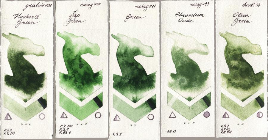 M. Graham & Co. Artists 108 Hookers Green vs Rosa Gallery 728 Sap Green vs 711 Green vs 743 Chromium Oxide vs Kuretake Gansai Tambi 054 Olive Green watercolor swatch