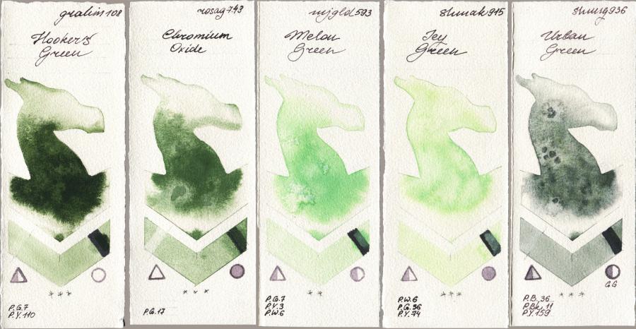 M. Graham & Co. Artists 108 Hookers Green vs Rosa Gallery 743 Chromium Oxide vs Mijello Mission Gold 593 Melon Green vs Shminke Akademie Aquarell 915 Icy Green vs Shminke Horadam Aquarell 936 Urban Green watercolor swatch