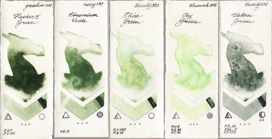 M. Graham & Co. Artists 108 Hookers Green vs Rosa Gallery 743 Chromium Oxide vs Shminke Horadam Aquarell 933 Shire Green vs Shminke Akademie Aquarell 915 Icy Green vs 936 Urban Green watercolor swatch