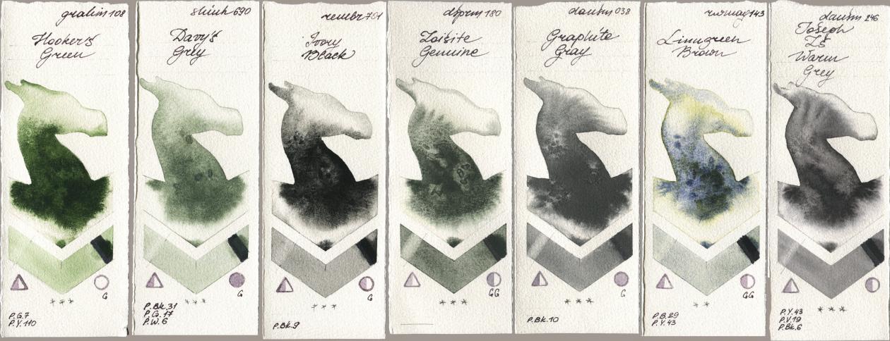M. Graham & Co. Artists 108 Hookers Green, Shinhan PWC 690 Davys Grey, Royal Talens Rembrandt Watercolour 701 Ivory Black, Daniel Smith 180 Zoisite Genuine, 038 Graphite Gray, Rockwell 143 Limugreen Brown, 246 Joseph Zs Warm Gr watercolor swatch