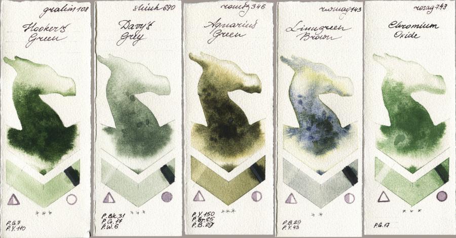 M. Graham & Co. Artists 108 Hookers Green vs Shinhan PWC 690 Davys Grey vs Roman Szmal Aquarius 346 Aquarius Green vs Rockwell 143 Limugreen Brown vs Rosa Gallery 743 Chromium Oxide watercolor swatch