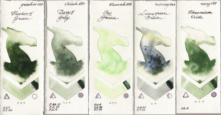 M. Graham & Co. Artists 108 Hookers Green vs Shinhan PWC 690 Davys Grey vs Shminke Akademie Aquarell 915 Icy Green vs Rockwell 143 Limugreen Brown vs Rosa Gallery 743 Chromium Oxide watercolor swatch