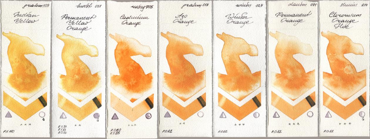 M. Graham & Co. Artists 109 Indian Yellow, Holbein Artists Watercolor 038 Permanent Yellow Orange, Rosa Gallery 705 Cadmium Orange, 017 Azo Orange, Winsor & Newton Professional 724 Winsor Orange, Daniel Smith 071 Permanent Orange, Shminke Horadam Aquarell 214 Chrome Organge LF (Chromium Orange Hu watercolor swatch