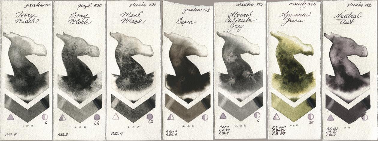 M. Graham & Co. Artists 110 Ivory Black, Golden QOR 505 Ivory Black, Shminke Horadam Aquarell 791 Mars Black, 178 Sepia, Daniel Smith 243 Alvaros Caliente Grey, Roman Szmal Aquarius 346 Aquarius Green, 782 Neutral Ti watercolor swatch