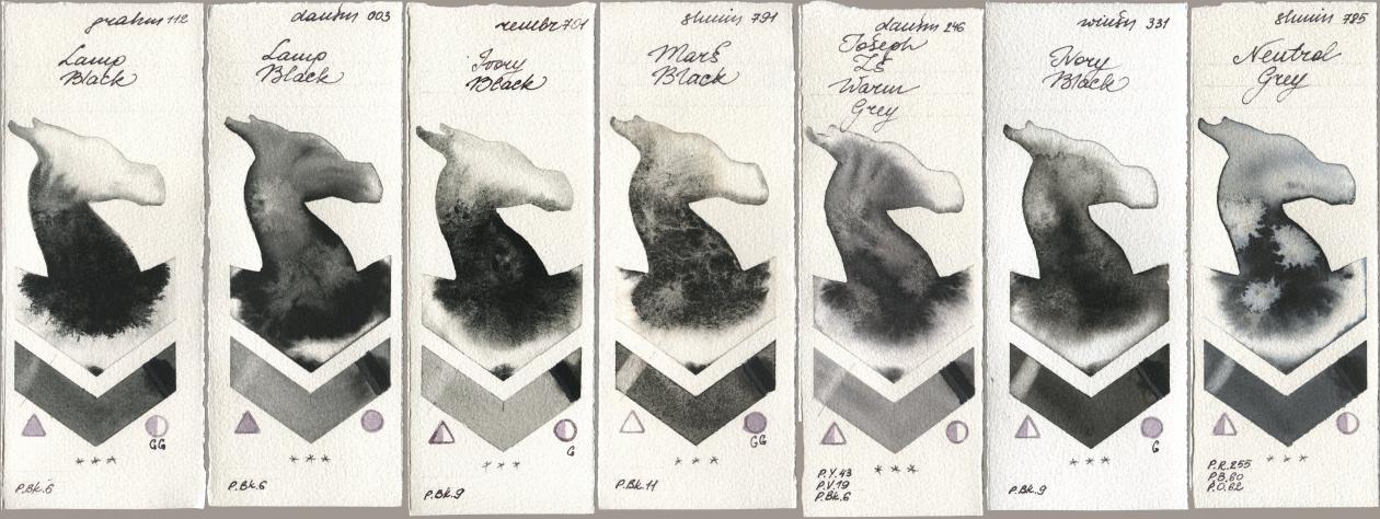 M. Graham & Co. Artists 112 Lamp Black, Daniel Smith 003 Lamp Black, Royal Talens Rembrandt Watercolour 701 Ivory Black, Shminke Horadam Aquarell 791 Mars Black, 246 Joseph Zs Warm Grey, Winsor & Newton Professional 331 Ivory Black, 785 Neutral Gr watercolor swatch