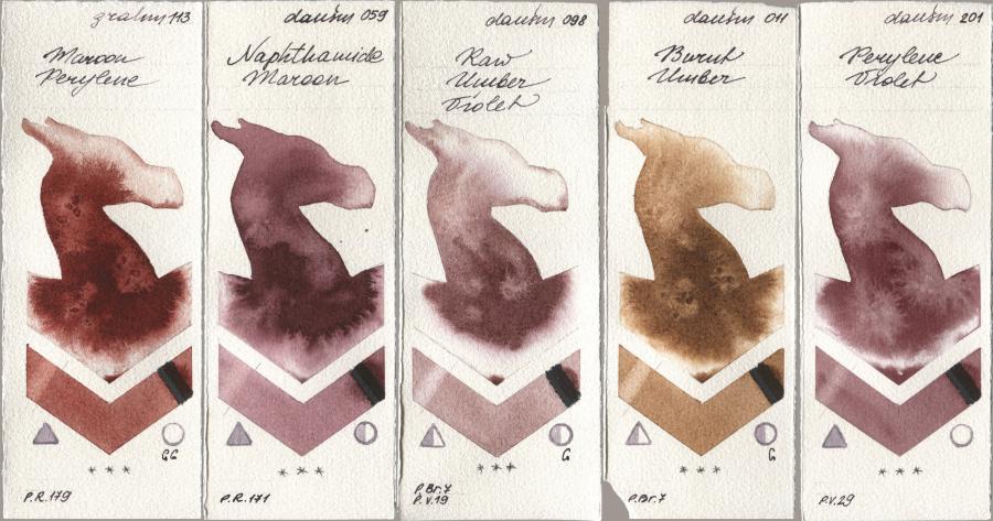 M. Graham & Co. Artists 113 Maroon Perylene, Daniel Smith 059 Naphthamide Maroon, 098 Raw Umber Violet, 011 Burnt Umber, 201 Perylene Viol watercolor swatch