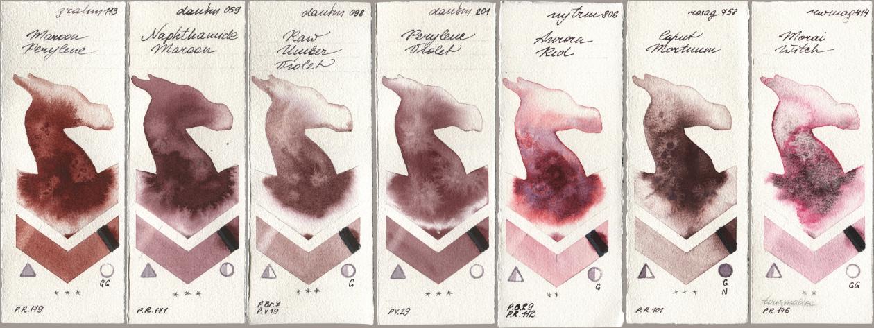 M. Graham & Co. Artists 113 Maroon Perylene, Daniel Smith 059 Naphthamide Maroon, 098 Raw Umber Violet, 201 Perylene Violet, Mijello Mission Gold 806 Aurora Red, Rosa Gallery 758 Caput Mortuum, Rockwell 414 Morai Wit watercolor swatch
